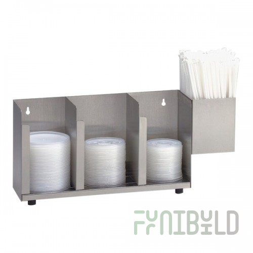 Dispense-Rite Stainless Steel 3-Section Countertop Cup / Lid Organizer with Straw Attachment CTLD-15A