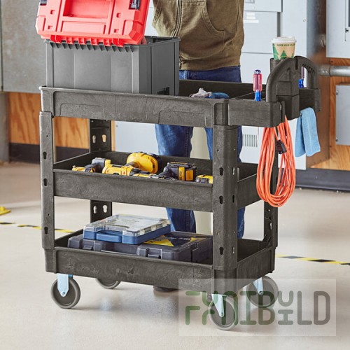 Lavex Medium Black 3-Shelf Utility Cart with Ergonomic Handle and Built-In Tool Compartments - 37 5/8