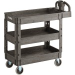 Lavex Medium Black 3-Shelf Utility Cart with Ergonomic Handle and Built-In Tool Compartments - 37 5/8
