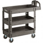 Lavex Medium Black 3-Shelf Utility Cart with Ergonomic Handle and Built-In Tool Compartments - 37 5/8