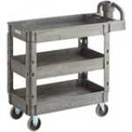 Lavex Medium Black 3-Shelf Utility Cart with Ergonomic Handle and Built-In Tool Compartments - 37 5/8