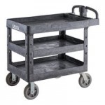 Lavex Medium Black 3-Shelf Utility Cart with Ergonomic Handle and Built-In Tool Compartments - 37 5/8