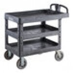 Lavex Medium Black 3-Shelf Utility Cart with Ergonomic Handle and Built-In Tool Compartments - 37 5/8