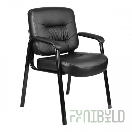 Boss Black LeatherPlus Mid-Back Executive Guest Chair with Padded Armrests and Steel Base