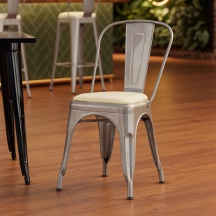 Lancaster Table & Seating Alloy Silver Indoor Cafe Chair with White Vinyl Cushion Lancaster Table & Seating Alloy Silver Indoor Cafe Chair with White Vinyl Cushion