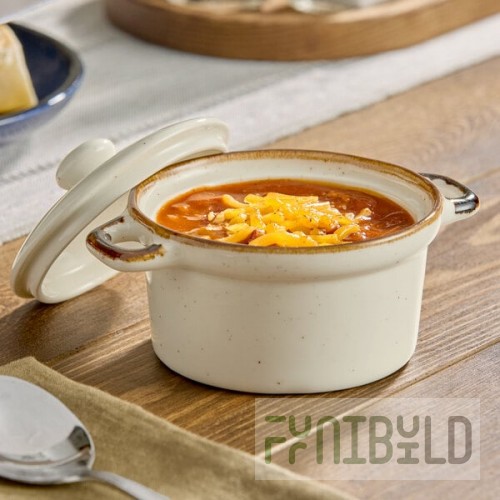 Acopa Keystone 8 oz. Vanilla Bean Stoneware Mini Casserole Dish with Lid - Sample