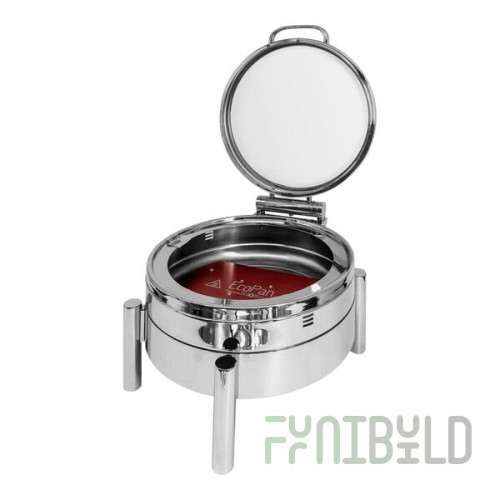 EcoBurner 7-Star Series EcoRock 6 Qt. 2/3 Size Silver Round Stainless Steel Waterless Chafer with Hinged Glass Lid EB15378G