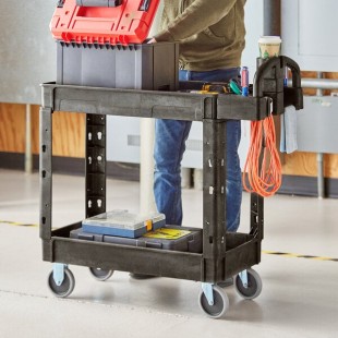 Lavex Medium Black 2-Shelf Utility Cart with Ergonomic Handle and Built-In Tool Compartments - 37 5/8 Lavex Medium Black 2-Shelf Utility Cart with Ergonomic Handle and Built-In Tool Compartments - 37 5/8