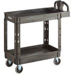 Lavex Medium Black 2-Shelf Utility Cart with Ergonomic Handle and Built-In Tool Compartments - 37 5/8