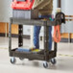 Lavex Medium Black 2-Shelf Utility Cart with Ergonomic Handle and Built-In Tool Compartments - 37 5/8