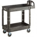 Lavex Medium Black 2-Shelf Utility Cart with Ergonomic Handle and Built-In Tool Compartments - 37 5/8