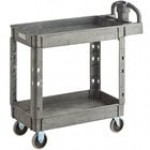 Lavex Medium Black 2-Shelf Utility Cart with Ergonomic Handle and Built-In Tool Compartments - 37 5/8