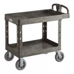 Lavex Medium Black 2-Shelf Utility Cart with Ergonomic Handle and Built-In Tool Compartments - 37 5/8