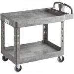 Lavex Medium Black 2-Shelf Utility Cart with Ergonomic Handle and Built-In Tool Compartments - 37 5/8