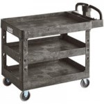 Lavex Medium Black 2-Shelf Utility Cart with Ergonomic Handle and Built-In Tool Compartments - 37 5/8