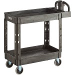 Lavex Medium Black 2-Shelf Utility Cart with Ergonomic Handle and Built-In Tool Compartments - 37 5/8