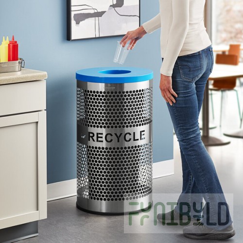 Lancaster Table & Seating 20 Gallon Stainless Steel Round Perforated Recycling Bin with Can / Bottle Lid