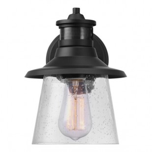 Globe Farmhouse Matte Black Motion-Activated Outdoor Wall Sconce with Seeded Glass Shade - 120V, 60W