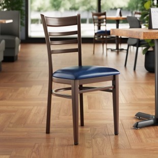 Lancaster Table & Seating Spartan Metal Ladder Back Chair with Dark Walnut Wood Grain Finish and Navy Vinyl Seat - Assembled Lancaster Table & Seating Spartan Metal Ladder Back Chair with Dark Walnut Wood Grain Finish and Navy Vinyl Seat - Assembled
