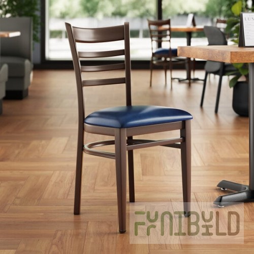 Lancaster Table & Seating Spartan Metal Ladder Back Chair with Dark Walnut Wood Grain Finish and Navy Vinyl Seat - Assembled
