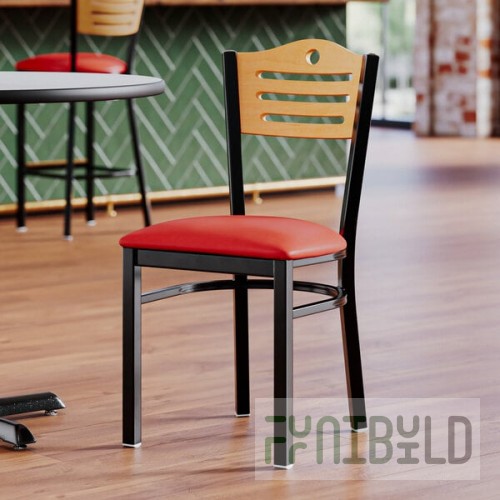 Lancaster Table & Seating Black Finish Side Chair with Red Vinyl Seat and Natural Wood Back - Detached Seat