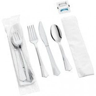 WNA Comet REFKIT3 Reflections Wrapped Stainless Steel Look Extra Heavy Weight Plastic Fork, Knife, Spoon, Salt, and Pepper with 2-Ply Napkin - 100/Case