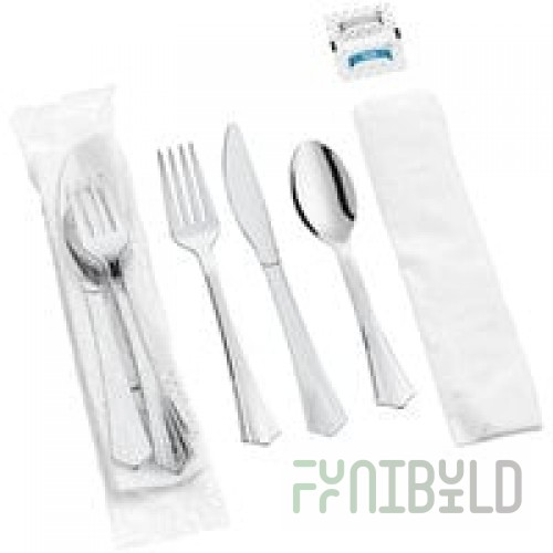 WNA Comet REFKIT3 Reflections Wrapped Stainless Steel Look Extra Heavy Weight Plastic Fork, Knife, Spoon, Salt, and Pepper with 2-Ply Napkin - 100/Case
