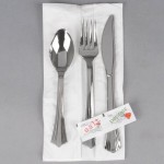 WNA Comet REFKIT3 Reflections Wrapped Stainless Steel Look Extra Heavy Weight Plastic Fork, Knife, Spoon, Salt, and Pepper with 2-Ply Napkin - 100/Case WNA Comet REFKIT3 Reflections Wrapped Stainless Steel Look Extra Heavy Weight Plastic Fork, Knife, Spoon, Salt, and Pepper with 2-Ply Napkin - 100/Case