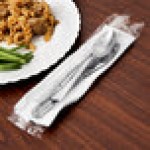 WNA Comet REFKIT3 Reflections Wrapped Stainless Steel Look Extra Heavy Weight Plastic Fork, Knife, Spoon, Salt, and Pepper with 2-Ply Napkin - 100/Case WNA Comet REFKIT3 Reflections Wrapped Stainless Steel Look Extra Heavy Weight Plastic Fork, Knife, Spoon, Salt, and Pepper with 2-Ply Napkin - 100/Case