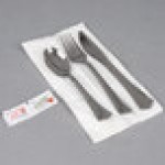 WNA Comet REFKIT3 Reflections Wrapped Stainless Steel Look Extra Heavy Weight Plastic Fork, Knife, Spoon, Salt, and Pepper with 2-Ply Napkin - 100/Case WNA Comet REFKIT3 Reflections Wrapped Stainless Steel Look Extra Heavy Weight Plastic Fork, Knife, Spoon, Salt, and Pepper with 2-Ply Napkin - 100/Case