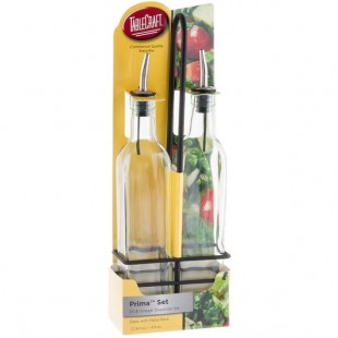 TableCraft Prima 16 oz. 3-Piece Green Tinted Glass Oil and Vinegar Cruet Set with Black Rack - 6/Case