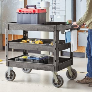 Lavex Large Black 3-Shelf Utility Cart with Premium Handle, Built-In Tool Compartments, and Oversized Wheels - 46 3/4