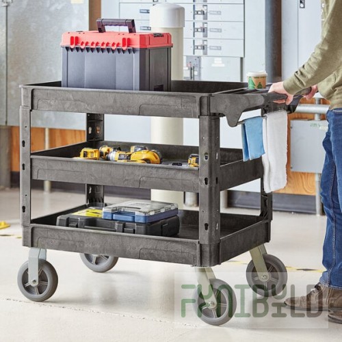 Lavex Large Black 3-Shelf Utility Cart with Premium Handle, Built-In Tool Compartments, and Oversized Wheels - 46 3/4