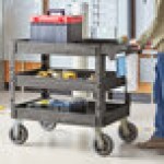 Lavex Large Black 3-Shelf Utility Cart with Premium Handle, Built-In Tool Compartments, and Oversized Wheels - 46 3/4 Lavex Large Black 3-Shelf Utility Cart with Premium Handle, Built-In Tool Compartments, and Oversized Wheels - 46 3/4