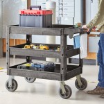 Lavex Large Black 3-Shelf Utility Cart with Premium Handle, Built-In Tool Compartments, and Oversized Wheels - 46 3/4 Lavex Large Black 3-Shelf Utility Cart with Premium Handle, Built-In Tool Compartments, and Oversized Wheels - 46 3/4