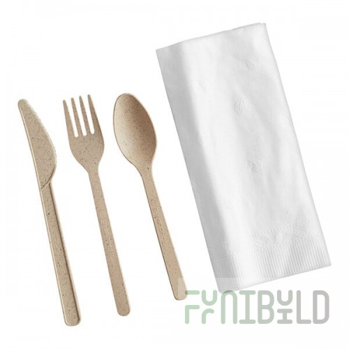 Greenprint Wrapped Heavy Weight Natural Agave Cutlery Set with Napkin - 200/Case