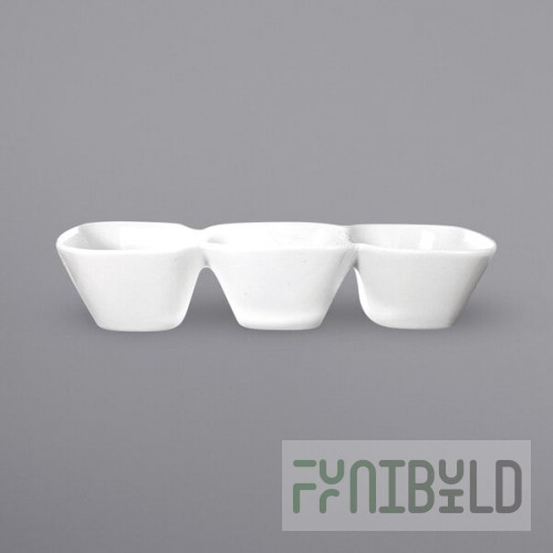 International Tableware Bristol 3-Compartment Bright White Porcelain Bowl with 3.5 oz. Square Wells - 12/Case