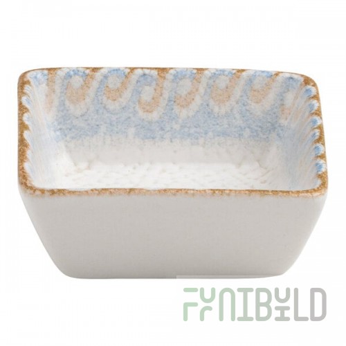 Ariane Cruise Athena 1.69 oz. Square White Porcelain Ramekin with Blue / Tan Wave Rim - 18/Case