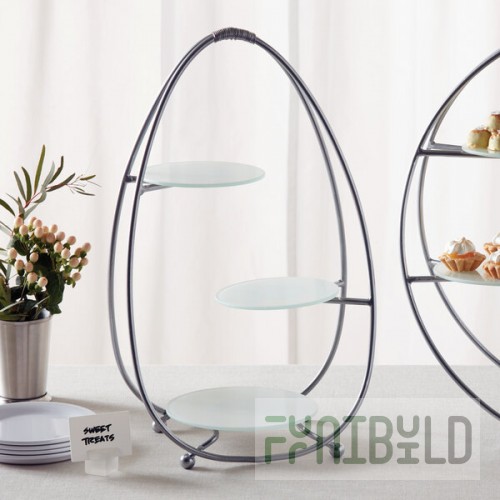 American Metalcraft SRS3 3 Tier Silver Oval Stand with Frosted Glass Plates