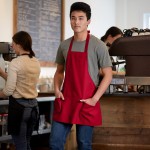 Choice Red Poly-Cotton Front of House Bib Apron with 3 Pockets - 25