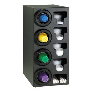 Dispense-Rite Black Polystyrene One-Size-Fits-All Left Side 4-Compartment Cup Dispenser with Built-In Lid and Straw Organizer STL-C-4LBT