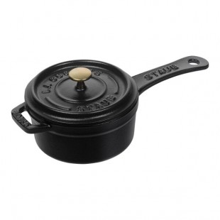 Staub 8 oz. Black Mini Enameled Cast Iron Sauce Pan with Lid 1004093 Staub 8 oz. Black Mini Enameled Cast Iron Sauce Pan with Lid 1004093
