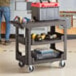 Choice Medium Black 3-Shelf Utility Cart with Flat Top and Built-In Tool Compartment - 38