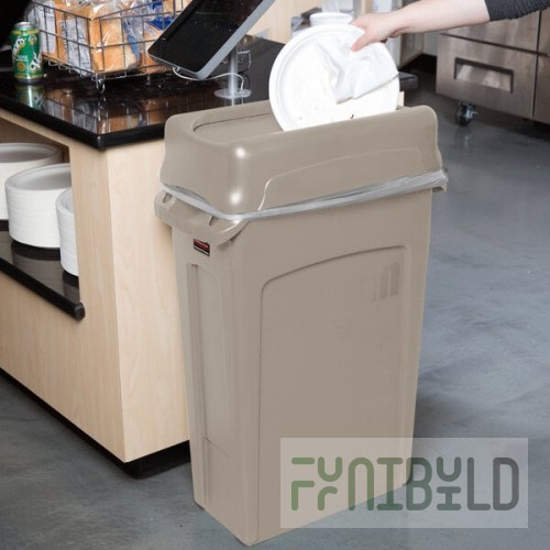 Rubbermaid® Slim Jim 92 Qt. / 23 Gallon Beige Rectangular Trash Can with Beige Drop Shot Lid