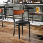 Lancaster Table & Seating Boomerang Black Finish Chair with Black Vinyl Seat and Antique Walnut Wood Back - Unassembled
