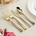 Visions Hammersmith 4-Piece Extra Heavy Weight Gold Plastic Cutlery Set - 25/Pack Visions Hammersmith 4-Piece Extra Heavy Weight Gold Plastic Cutlery Set - 25/Pack