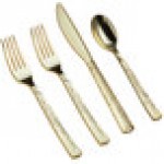 Visions Hammersmith 4-Piece Extra Heavy Weight Gold Plastic Cutlery Set - 25/Pack Visions Hammersmith 4-Piece Extra Heavy Weight Gold Plastic Cutlery Set - 25/Pack