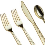 Visions Hammersmith 4-Piece Extra Heavy Weight Gold Plastic Cutlery Set - 25/Pack Visions Hammersmith 4-Piece Extra Heavy Weight Gold Plastic Cutlery Set - 25/Pack