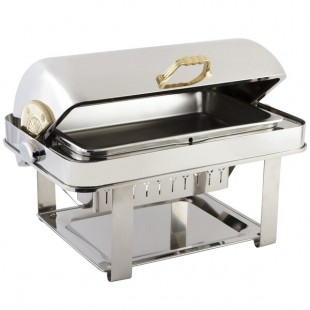Bon Chef 12004 Elite Rectangle 8 Qt. Dripless Stainless Steel with Brass Accents Roll Top Chafer Bon Chef 12004 Elite Rectangle 8 Qt. Dripless Stainless Steel with Brass Accents Roll Top Chafer