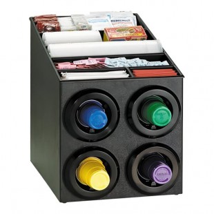 Dispense-Rite Black Polystyrene One-Size-Fits-All Countertop 4-Compartment Cup Dispenser with Built-In Lid / Condiment / Straw Organizer STL-SL-2X2BT